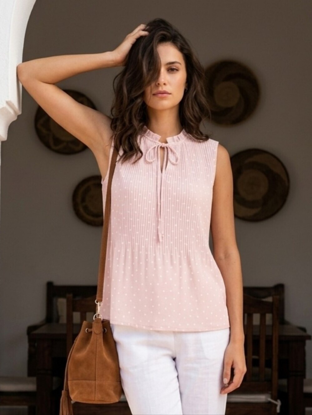 Adrianna Papell Pleated Knit Tie Neck Women's Top Size Small